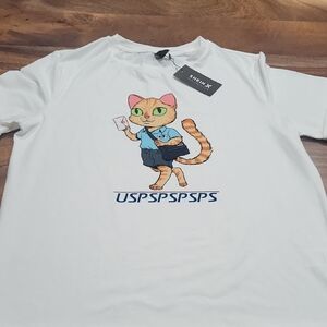 SHEIN White Tee with Cat Postal Graphic